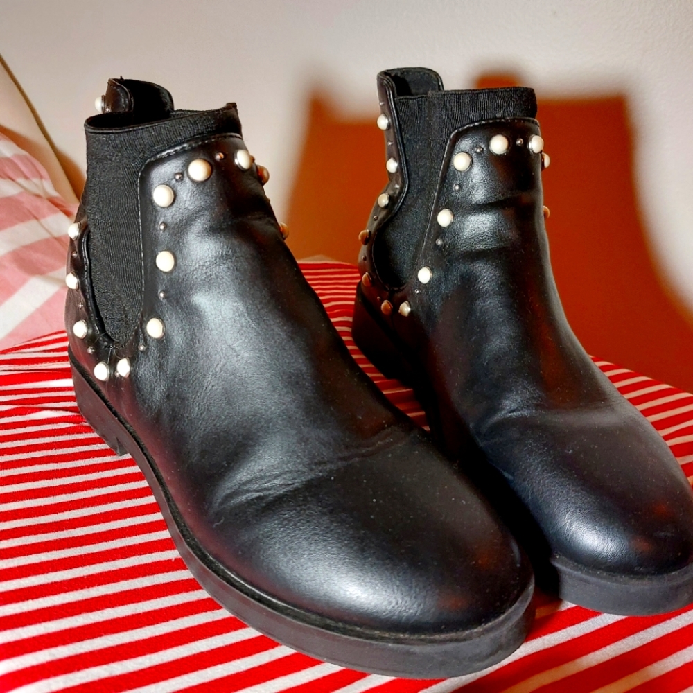 Zara Booties. Pearl and stud embellished black boots.
